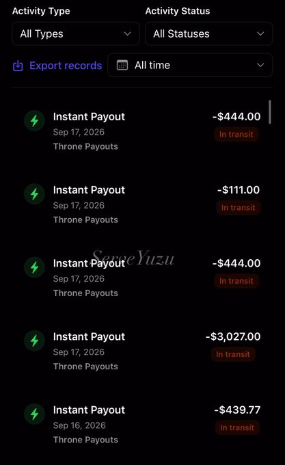A mobile app screenshot showing a list of 'Instant Payout' transactions from 'Throne Payouts' with negative amounts like -$444.00 and -$3,027.00 marked as 'In transit', with a 'SergeYuzik' watermark.
