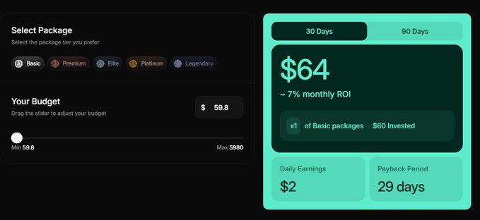 A screenshot of a web page featuring a budget calculator, indicating that users can select an affordable basic package for only $59.80 per month or choose premium options with a daily earning rate of 8.5% or more, as well as platinum or legendary packages at $99.50 and $498.70 respectively. The post encourages users to participate in the program based on their goals and budget.