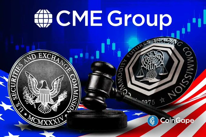 The CME Group logo is displayed at the top against a blue background featuring a financial chart and the U.S. flag, with the official seals of the U.S. Securities and Exchange Commission (SEC) and the Commodity Futures Trading Commission (CFTC) flanking a judge's gavel in the center. The image visually represents the legal dispute between the CFTC and CME Group over cryptocurrency perpetual futures, with the CoinGape watermark in the bottom right corner.