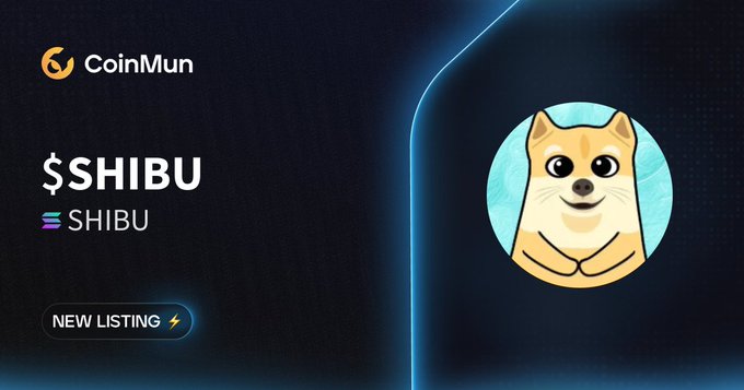 A poster showing a cartoon dog with the words "Shibu Coinsolana" written around its neck, accompanied by a blue circle containing a white cat, which says "$SHIBU $SHIBU SHIBU". The image also displays text about coins on CoinMun and a link to a new listing page for coins.