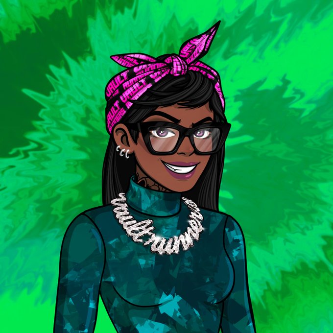 A cartoon-style illustration of a woman with glasses, a pink bandana, and a 'GUILTY' chain necklace smiles confidently against a green swirled background.