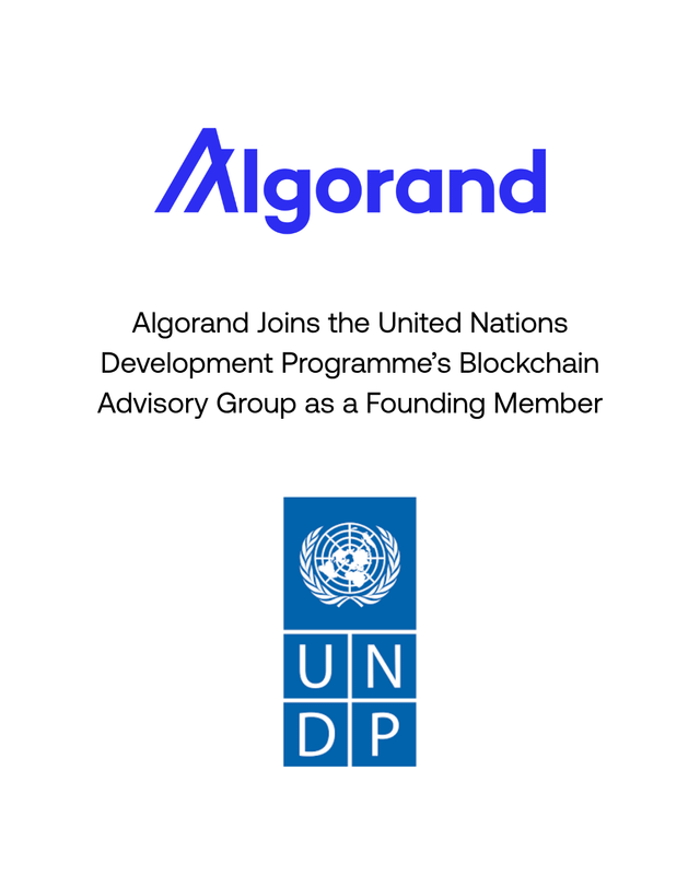 The image features a logo for Algorand, which is a cryptocurrency, along with the text "United Nations Development Programme's Blockchain Advice Group". The text indicates that Algorand has joined the United Nations' Blockchain Advice Group as a founding member. This collaboration aims to provide guidance and support in developing and implementing blockchain solutions within the United Nations framework.