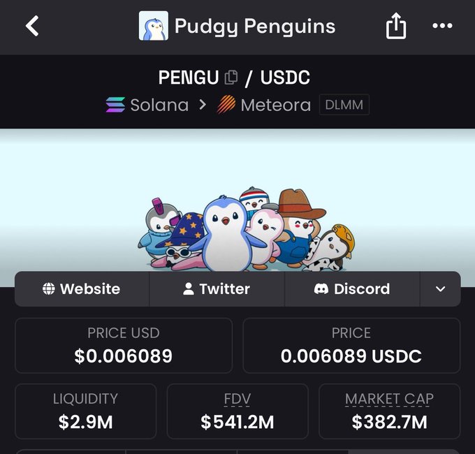Screenshot showing the Pudgy Penguins ($PENGU) token page on Meteora (Solana) with a current price of $0.006089 USDC, a market cap of $382.7M, FDV of $541.2M, and $2.9M in liquidity, presented alongside a bullish post by @blknoiz06 arguing PENGU is undervalued.