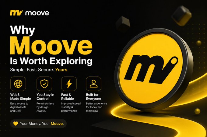 A promotional graphic for Moove with the tagline 'Why Moove Is Worth Exploring - Simple. Fast. Secure. Yours.' featuring features like Web3 Made Simple, You Stay in Control, Fast & Reliable, and Built for Everyone.