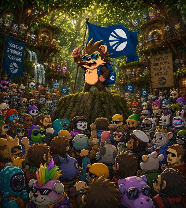 A determined hedgehog wearing sunglasses triumphantly raises a blue flag while leading a massive, diverse rally of meme characters in a forest setting, with banners reading "TOGETHER, STRONGER, FOREVER" and "PROTECT OUR HOME. BUILD OUR FUTURE" — rallying imagery that visually echoes the post's call for community resilience behind the $HEDGY token.