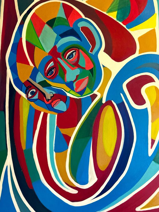 A vibrant, colorful abstract painting featuring two stylized faces rendered in bold geometric shapes and bright primary colors including red, blue, green, yellow, and orange.