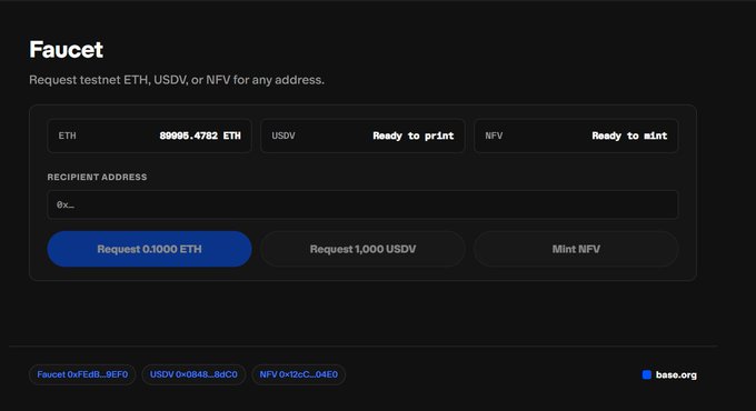 The image shows the Vibes Base testnet faucet interface at faucet.vibes.base.org, displaying a balance of 80006.4782 ETH, a "Ready to print" USDV status, and a "Ready to mint" NFV status, along with options to "Request 0.1000 ETH," "Request 1,000 USDV," and "Mint NFV" to a recipient address. It visually confirms the post's announcement of the new $BASE VIBES testnet going live, with the Faucet serving as an early interaction point for users to acquire testnet ETH, USDV, and NFV tokens.