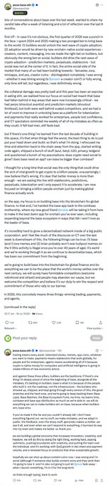A screenshot of Jesse Pollak's (@jessepollak) X post on Base, featuring a lengthy manifesto discussing crypto innovation, iteration, prediction markets, and decentralized finance, with visible engagement metrics (655 replies, 2.1K reposts, 17K likes). The image directly corresponds to the post's reference to Pollak's strategic pivot manifesto that the commenter suggests Hyperliquid and Polymarket should study as a roadmap beyond social apps.