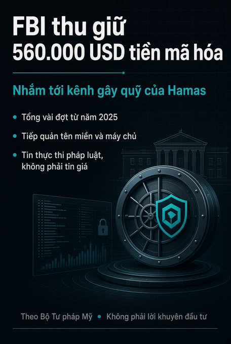 A Vietnamese-language infographic stating 'FBI thu giữ 560.000 USD tiền mã hóa' (FBI seizes $560,000 USD in cryptocurrency) targeting Hamas fundraising channels, according to the US Department of Justice.