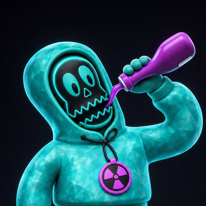 A 3D-rendered character in a teal hoodie with a skull face design, holding a purple vial, wearing a radiation symbol medallion.