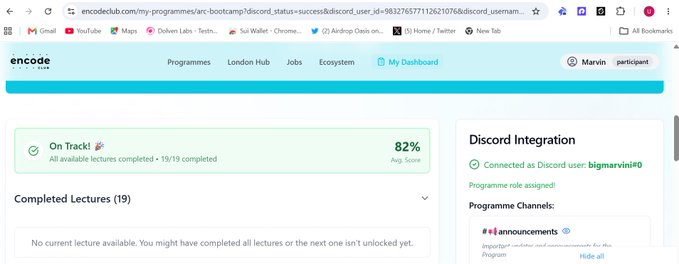 A screenshot of the Encode Club dashboard showing 'On Track!' status at 82% for a programme, with 'Completed Lectures (19)' and 'Discord Integration' sections visible.