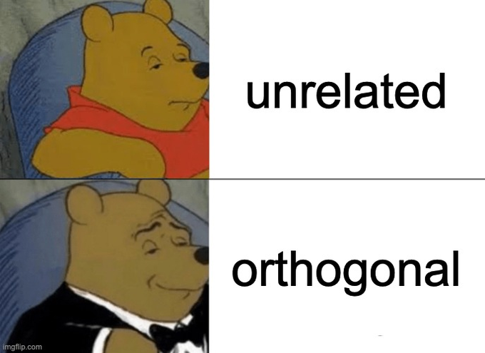 This meme uses two images of Winnie the Pooh to humorously contrast the presentation of unrelated topics versus orthogonal concepts, with the first image showing a casual and slightly puzzled Pooh and the second showing a sophisticated Pooh in formal attire. The text "unrelated" and "orthogonal" accompany each image, respectively.