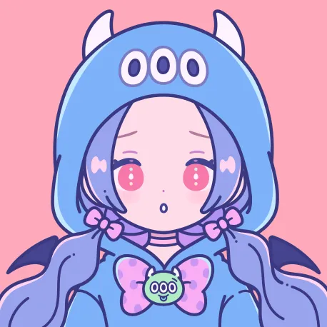 A cute anime-style girl with pink hair wearing a blue monster hood with three eyes, featuring purple hair and pink bow accessories.