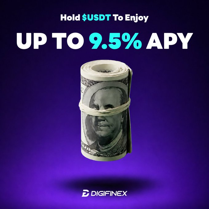 A Digifinex advertisement reading 'Hold $USDT To Enjoy UP TO 9.5% APY' featuring a roll of US dollar bills bound with a rubber band against a purple background.