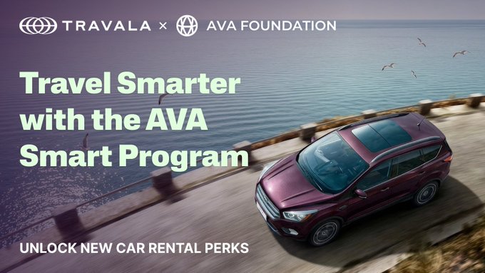 A promotional banner for 'TRAVALA × AVA FOUNDATION' advertising 'Travel Smarter with the AVA Smart Program' and 'UNLOCK NEW CAR RENTAL PERKS', showing a maroon SUV parked on a coastal road overlooking the ocean.