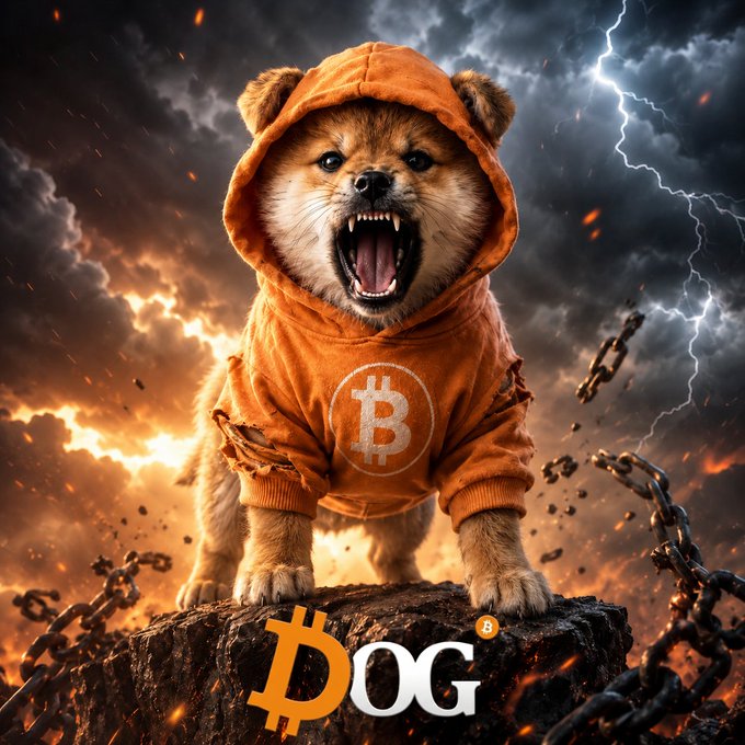 iced dog with open mouth, wearing a hoodie with "DOG" and "8" printed on it, standing on a rock amidst a chaotic backdrop of lightning bolts and flames.