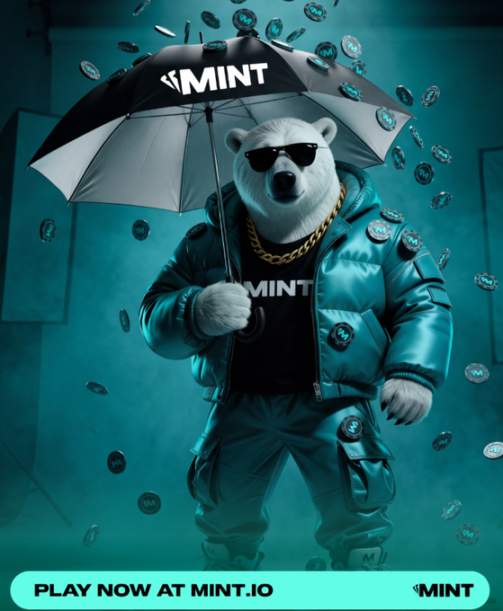 An advertisement for MINT features a polar bear in sunglasses and a teal puffer jacket holding an umbrella labeled "MINT" with coins raining down, with text reading "PLAY NOW AT MINT.IO".
