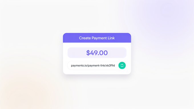 A digital UI mockup displays a 'Create Payment Link' card showing a price of $49.00 and a 'payment.io/payment-link/xk3f9d' URL with a green copy button.