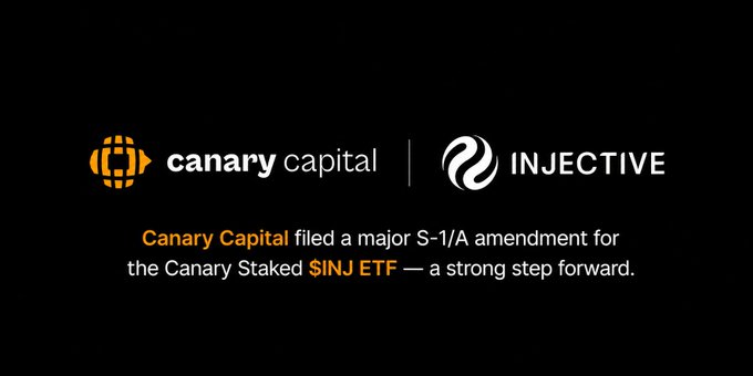 The image displays the Canary Capital and Injective logos alongside text announcing that "Canary Capital filed a major S-1/A amendment for the Canary Staked $INJ ETF — a strong step forward," visually reinforcing the post's breaking news about the amended filing for the staked INJ ETF (ticker $INJS) advancing institutional crypto adoption.