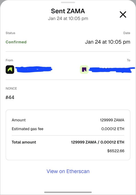 A mobile app screenshot showing a confirmed ZAMA token transaction of 129999 ZAMA ($6522.66) sent on Jan 24, with a link to view on Etherscan.