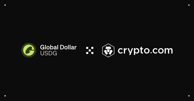 A black promotional graphic reads “Global Dollar USDG x crypto.com,” with both brand names and logos centered.