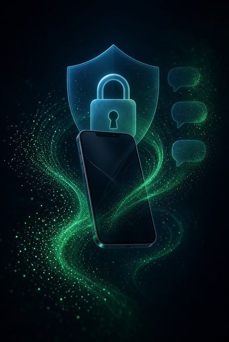 A smartphone sits beneath a glowing blue shield and padlock icon, surrounded by swirling green particle waves and floating chat bubbles, symbolizing private, secure messaging. The image visually reinforces the post's message about BChat (by BeldexCoin) providing end-to-end privacy that leaves no exposed data behind.