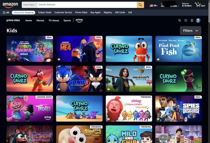 An Amazon Prime Video Kids section webpage showing movie thumbnails including multiple 'Clayno Saurz' titles, 'The Super Mario Bros. Movie', 'Sonic 3', 'Trolls', and 'Spies in Disguise'.