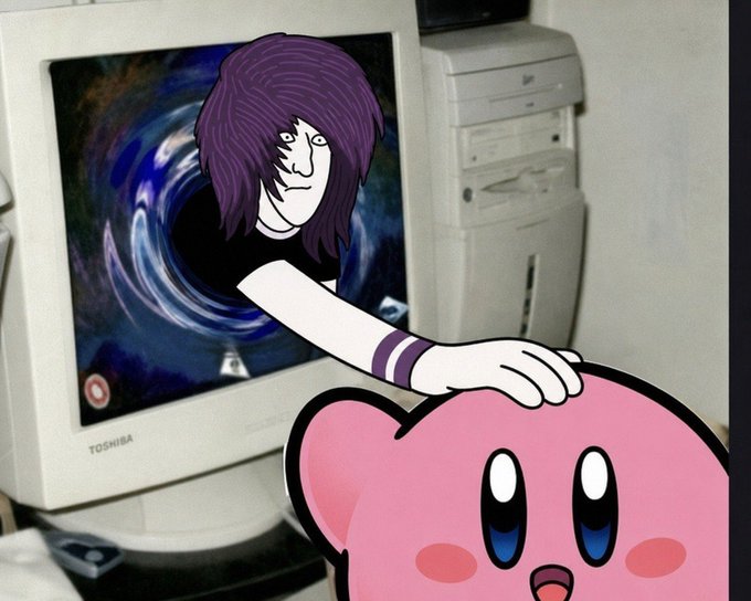 An edited image shows an anime-style character with long purple hair and a pale arm reaching out to pat a pink Kirby character, with an old Toshiba computer tower and monitor in the background.