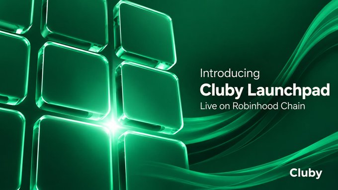 A promotional banner with green glass-like blocks reads 'Introducing Cluby Launchpad, Live on Robinhood Chain' with the 'Cluby' logo in the bottom right.