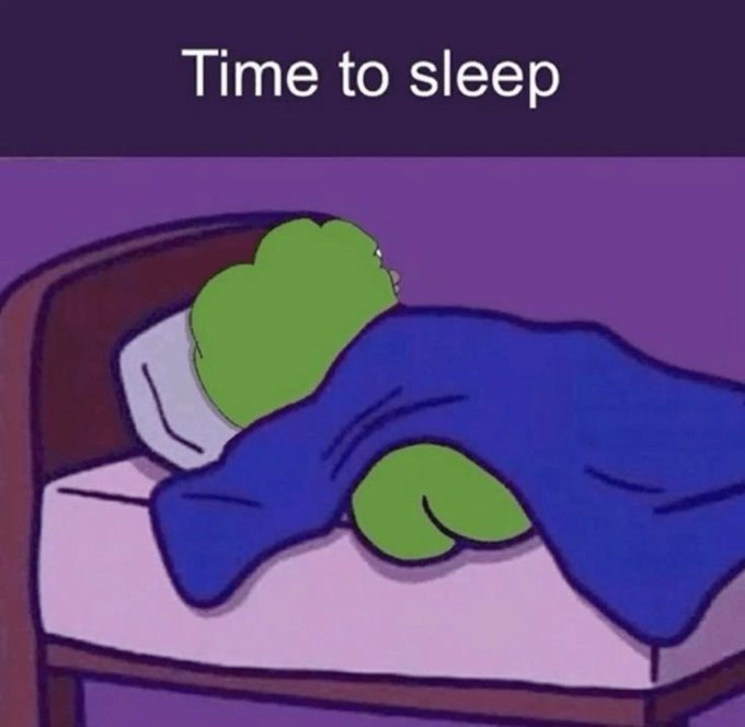 A cartoon image of Kermit the Frog tucked into bed under a blue blanket with the text 'Time to sleep' displayed at the top.