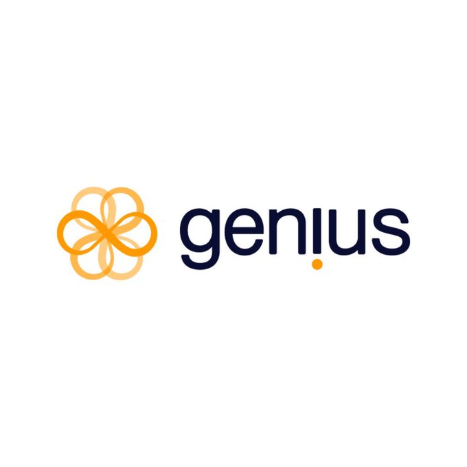 The image shows the Genius Group logo, featuring a yellow-orange interwoven flower-like symbol next to the lowercase word "genius" in dark navy text. The logo visually represents the company mentioned in the post, which is announcing an ambitious $1.2 billion capital plan focused on AI assets and Bitcoin by fiscal year 2031.