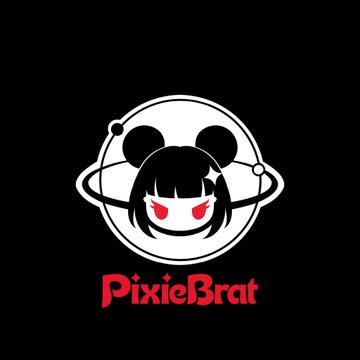 A logo on a black background featuring a stylized anime-like girl with red eyes inside a circular white planet emblem, with the text 'PixieBrat' in red below.
