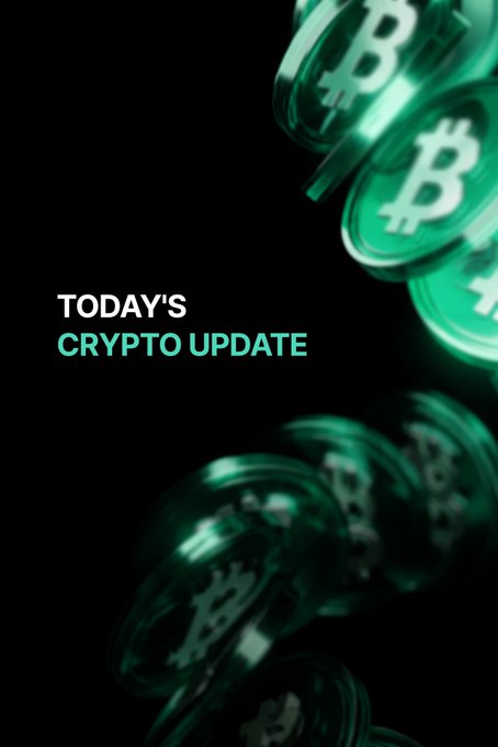 A promotional graphic for a crypto market update features glowing green Bitcoin coins with the text "TODAY'S CRYPTO UPDATE," visually reinforcing the post's coverage of Bitcoin's recent price movement between $62.3K and $64K amid broader stock market gains.