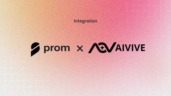 The image features a logo for Prom and Avive, two companies that have joined forces to create an innovative ecosystem centered around AI-powered consumer products. The Prom logo is positioned at the top of the image with the text "integration" written below it in black letters. Below this, there's a smaller version of the Avive logo located at the bottom right corner of the image. Both logos are in black and white colors, making them stand out against the pink background that forms part of the image. The text "PROM x @AIVIVEHQ AIVIVE is building a new generation of AI-powered consumer products where creation and on-chain economics are deeply connected." is written below each logo to provide more context about their collaboration.