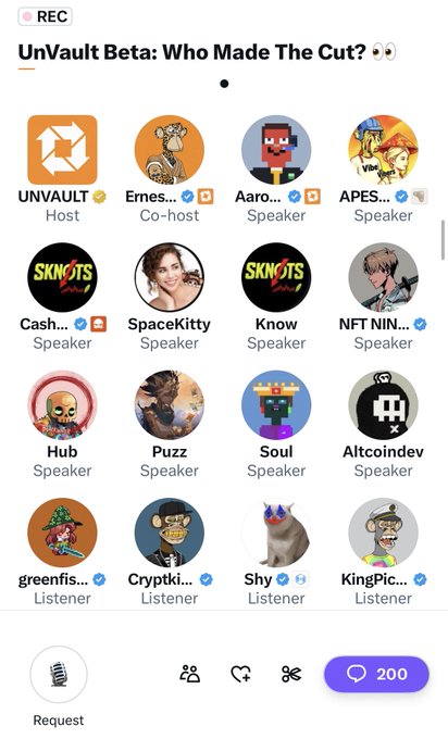 A mobile app interface displays a Clubhouse-style recording titled "UnVault Beta: Who Made The Cut?" showing various speakers, co-hosts, and listeners with 200 listeners.