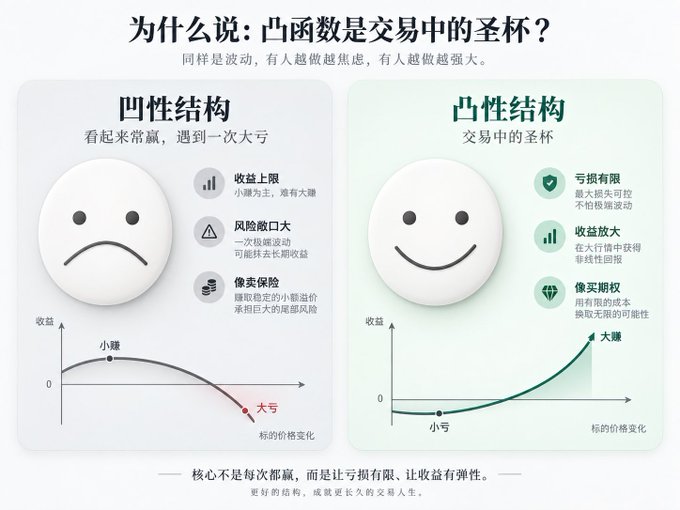 Chinese infographic titled "为什么说：凸函数是交易中的圣杯？" comparing concave (凹性) vs convex (凸性) function structures in trading, illustrating limited losses and amplified returns.