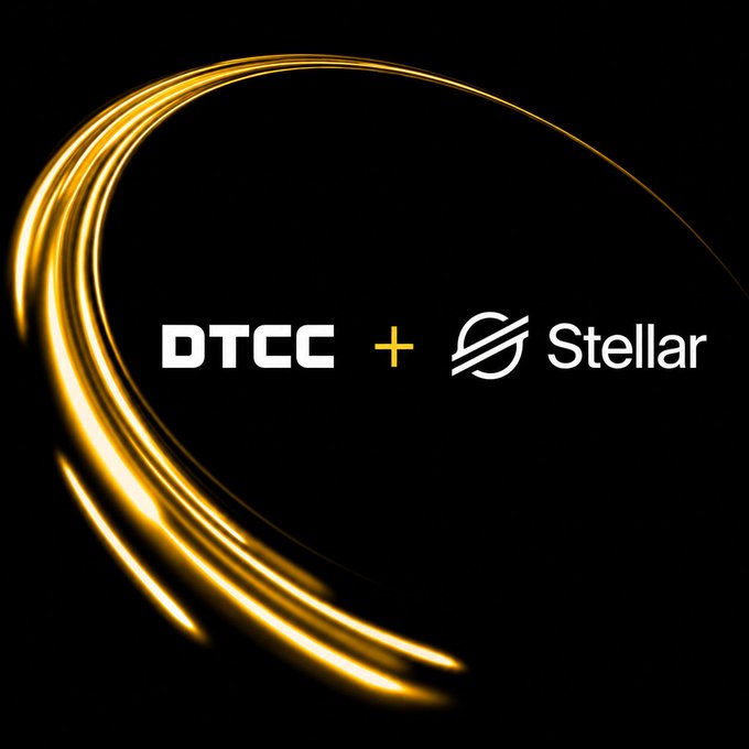 The image features a black background with a yellow line that forms a circle around the center of the frame. The text "DTCC + @StellarOrg" is written above the yellow line, indicating the collaboration between these two entities. The caption below the image reads "RWA Breaking DTCC @DTCC is launching a multi-chain strategy connecting its tokenization service to the @StellarOrg public blockchain by 1H27!".