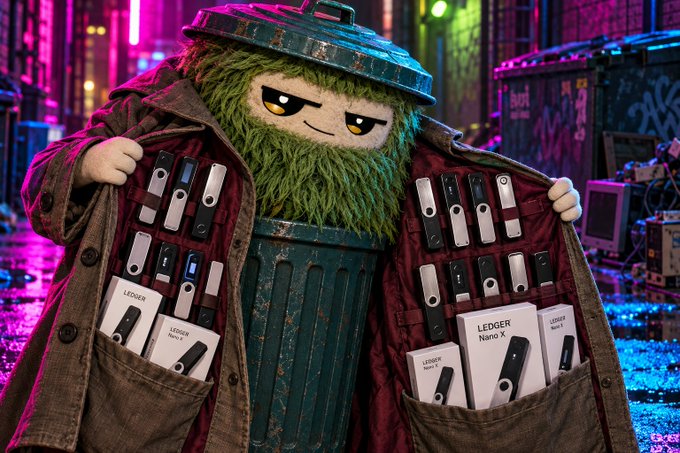 A green furry mascot character dressed as a trash can opens a long brown coat to reveal dozens of Ledger hardware wallets strapped to the inside lining, with boxes for the 'Ledger Nano X' visible.