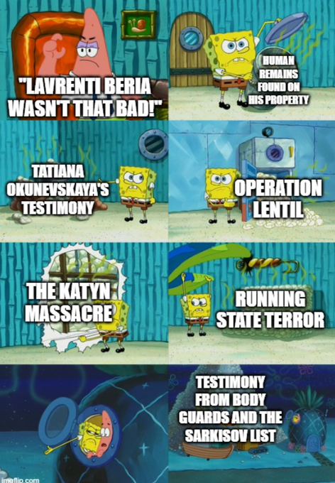 The image is a SpongeBob-themed meme using the "Weak Patrick and Strong SpongeBob" format to rank the severity of Putin regime atrocities, from "Lavrenti Beria wasn't that bad!" to "Testimony from bodyguards and the Sarkisov list" as the most disturbing. The accompanying post appears unrelated, shifting focus from condemning documented Russian war crimes to crypto investment advice—an incongruous juxtaposition that trivializes the serious human rights content depicted.