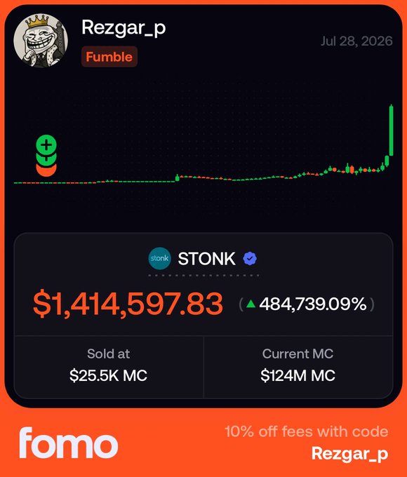 The image is a promotional card from "fomo" showcasing a trader called "Rezgar_p" who made a profit of $1,414,597.83, a 484,739.09% gain, by trading the STONK token, selling at a $25.5K market cap while its current market cap reached $124M. The accompanying caption "Solana traders will learn a lesson this cycle" humorously highlights how the trader's massive gains from a small-cap Solana memecoin serve as a cautionary yet motivating example of the potential windfalls—and risks—on the platform.