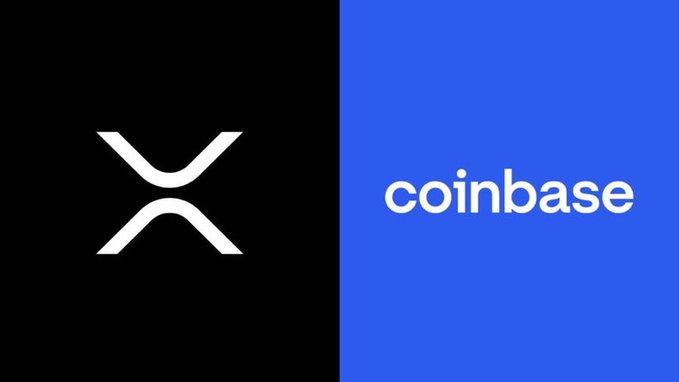 A split-screen image showing the XRP logo on a black background on the left and the Coinbase logo on a blue background on the right.