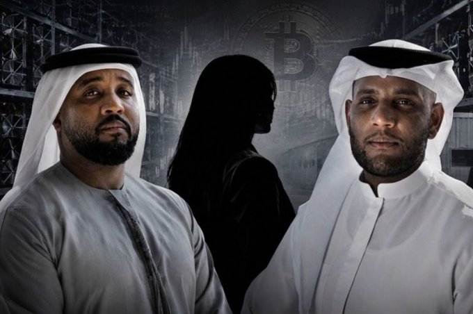 The image features two men wearing traditional Arab clothing, standing next to each other with their backs facing the camera. The background of the photo shows a dark room filled with various objects such as bookshelves and a computer screen displaying a Bitcoin logo. The overall atmosphere suggests that these men are part of an organization or event related to cryptocurrency or digital currency.