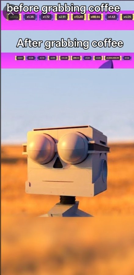 A Roblox-style meme showing a small robot character with commentary 'before grabbing coffee' and 'After grabbing coffee' referencing in-game multiplier values.