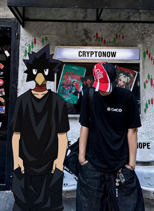 A person wearing a black "ØDICO" t-shirt and a Supreme beanie stands next to an anime edit of themselves in front of a "CRYPTONOW" sign, captured during a morning greeting to the crypto community amid a "Fear & Greed 75" sentiment.