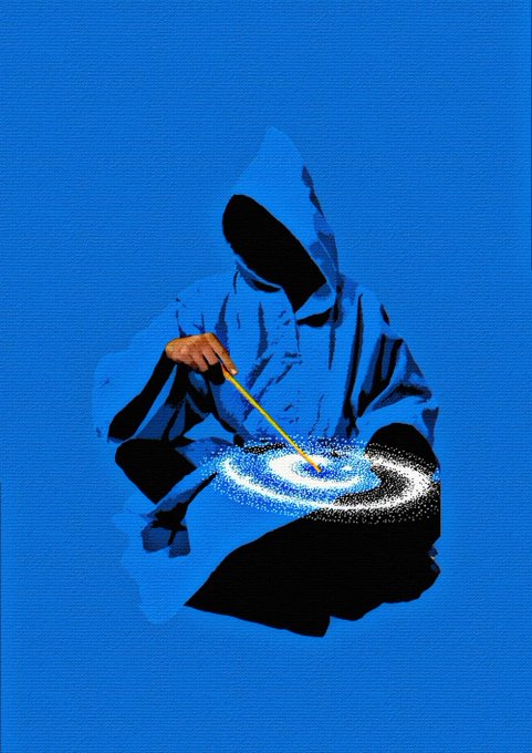 An artistic illustration of a hooded figure in blue and black, using a yellow pencil to draw a glowing, swirling galaxy.