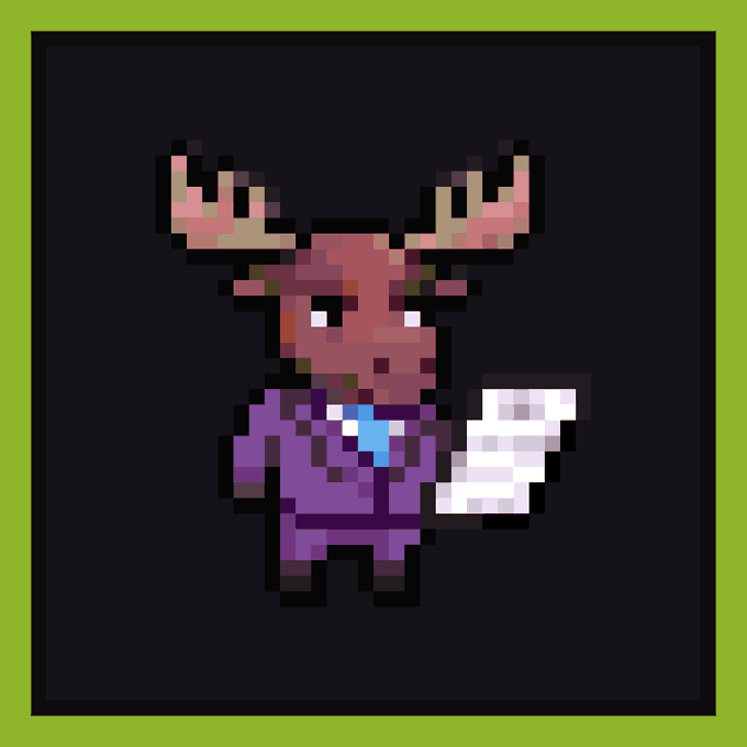 A pixel art illustration of a brown and purple fantasy creature with antlers holding a white object, set against a dark background with a green border.