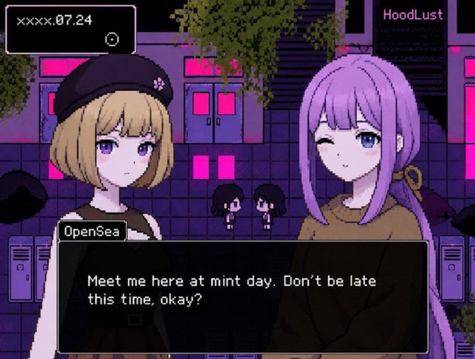 An anime-style visual novel scene featuring two female characters, one blonde and one with purple hair, with dialogue text reading 'Meet me here at mint day. Don't be late this time, okay?'