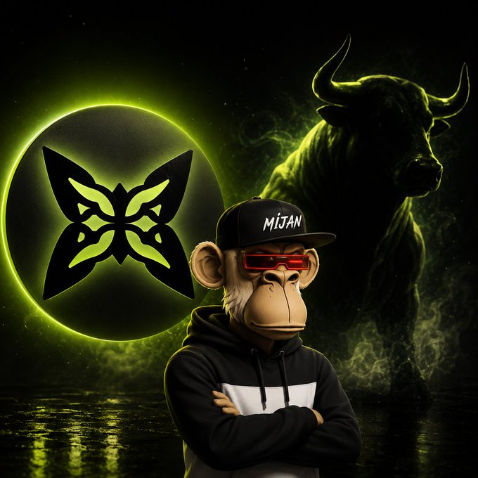 A 3D-rendered monkey wearing a black 'MIJAN' cap, red sunglasses, and a black-and-white hoodie with arms crossed, posed in front of a glowing green butterfly logo and a shadowy bull.