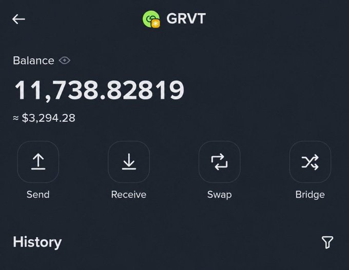 A screenshot of the GRVT (grvt_io) wallet interface shows a balance of 11,738.82819 tokens (approximately $3,294.28), with options to Send, Receive, Swap, and Bridge. This relates to the post by illustrating the locked GRVT tokens held in a wallet while the user questions the platform's 12-month lock-up and 36-month vesting structure for the airdrop deal.