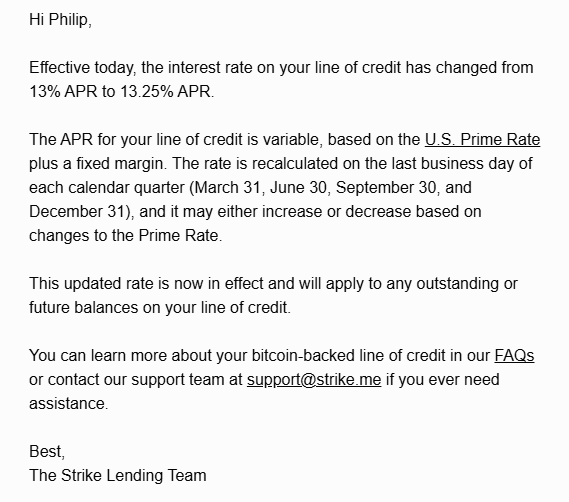 Email notification from 'The Strike Lending Team' addressed to 'Philip,' informing that the interest rate on his line of credit has changed from 13% APR to 13.25% APR, with rate recalculation tied to the U.S. Prime Rate.
